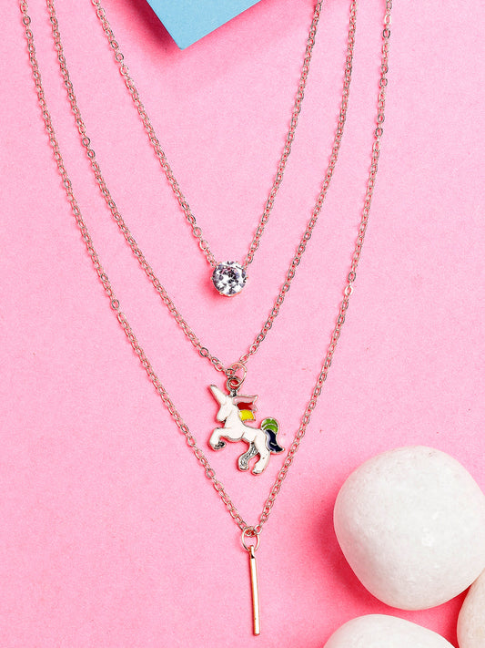 NVR Women's Rose Gold-Polished Artificial Stones Unicorn Layered Chain 