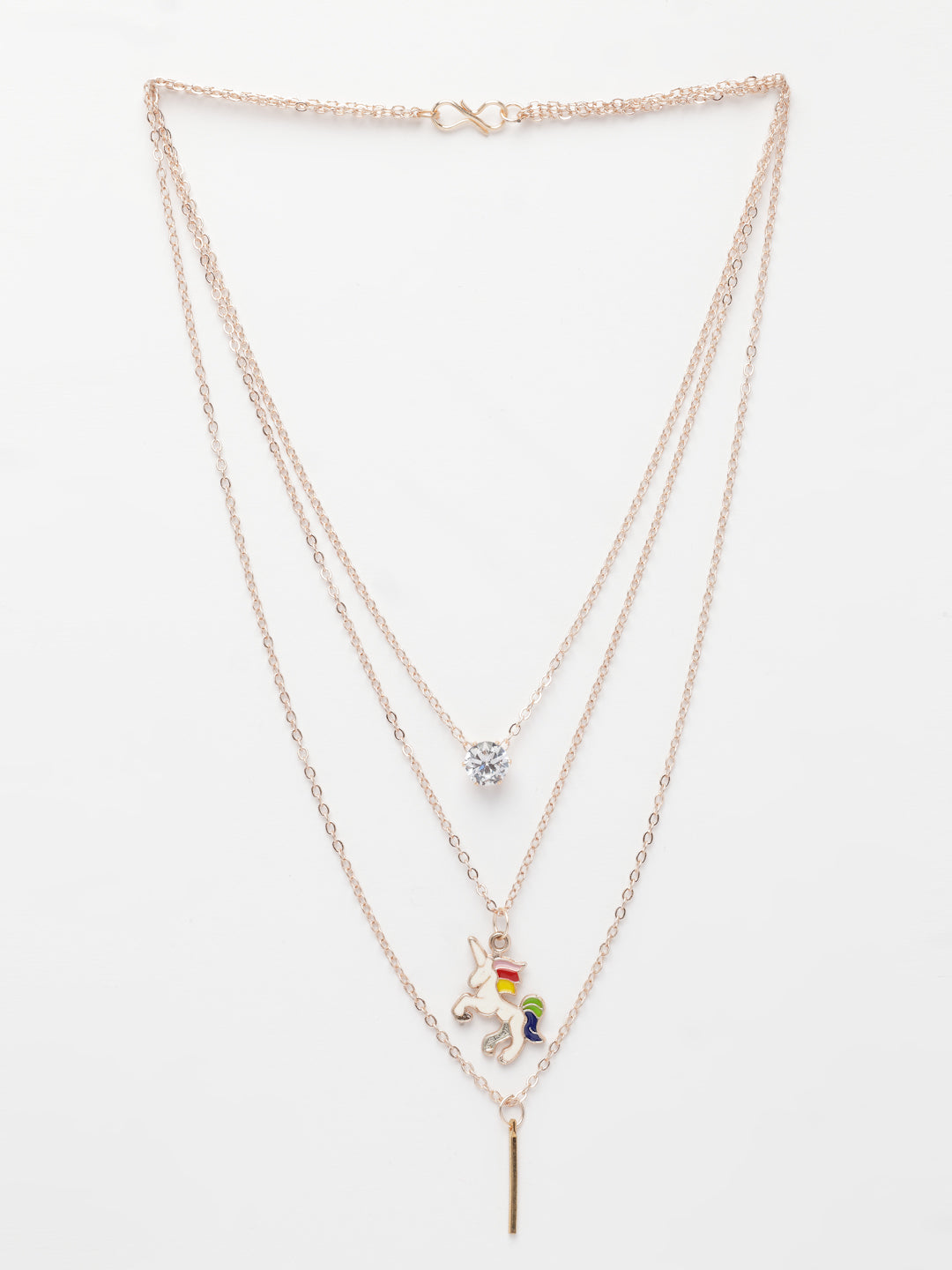NVR Women's Rose Gold-Polished Artificial Stones Unicorn Layered Chain 