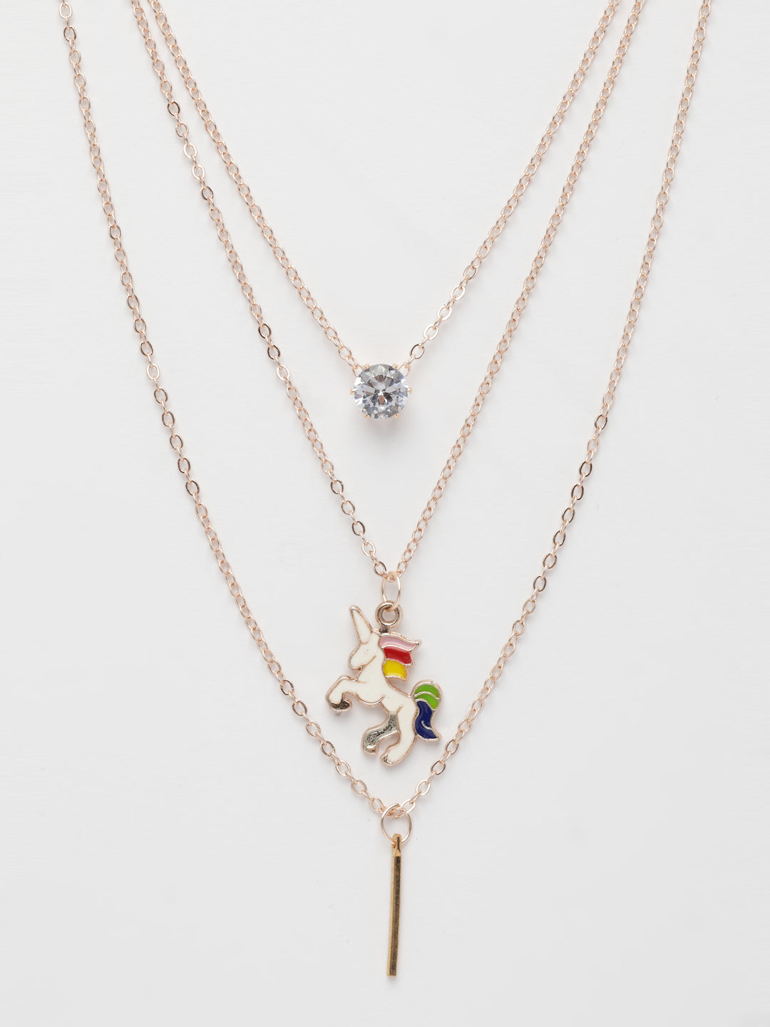 NVR Women's Rose Gold-Polished Artificial Stones Unicorn Layered Chain 