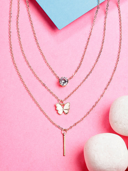 NVR Women's Rose Gold-Polished Artificial Stones Butterfly-shaped Layered Chain 