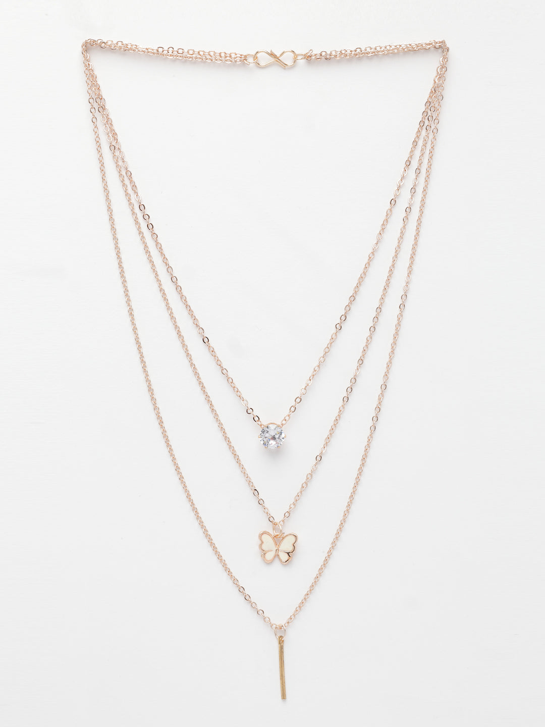 NVR Women's Rose Gold-Polished Artificial Stones Butterfly-shaped Layered Chain 