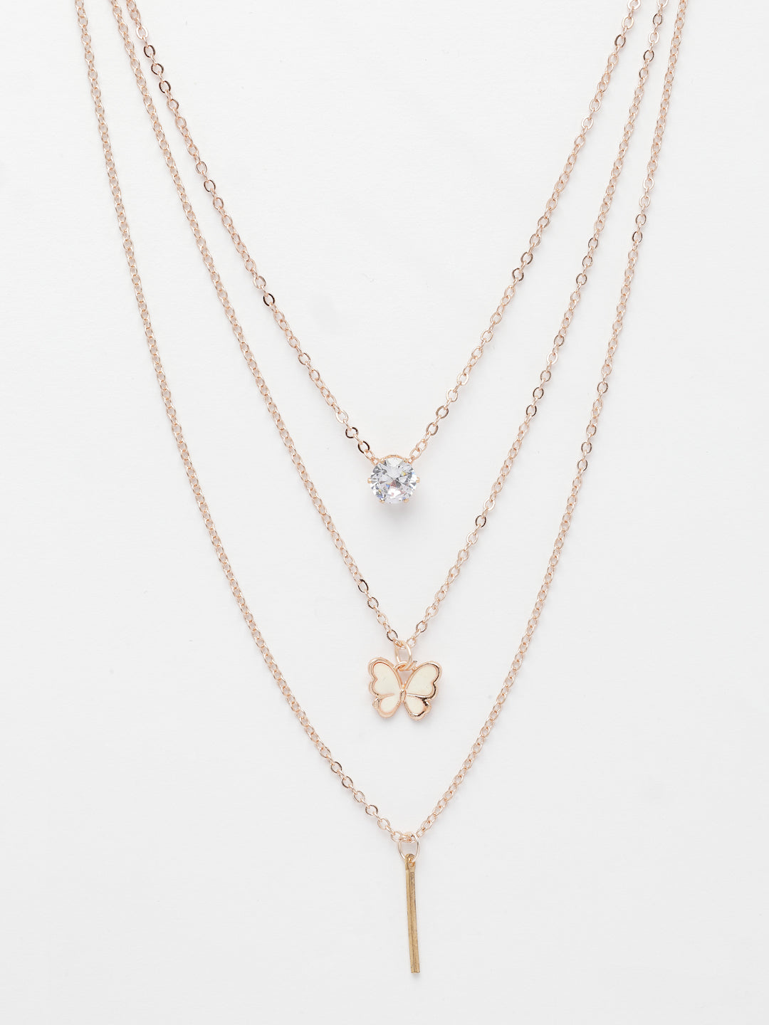 NVR Women's Rose Gold-Polished Artificial Stones Butterfly-shaped Layered Chain 