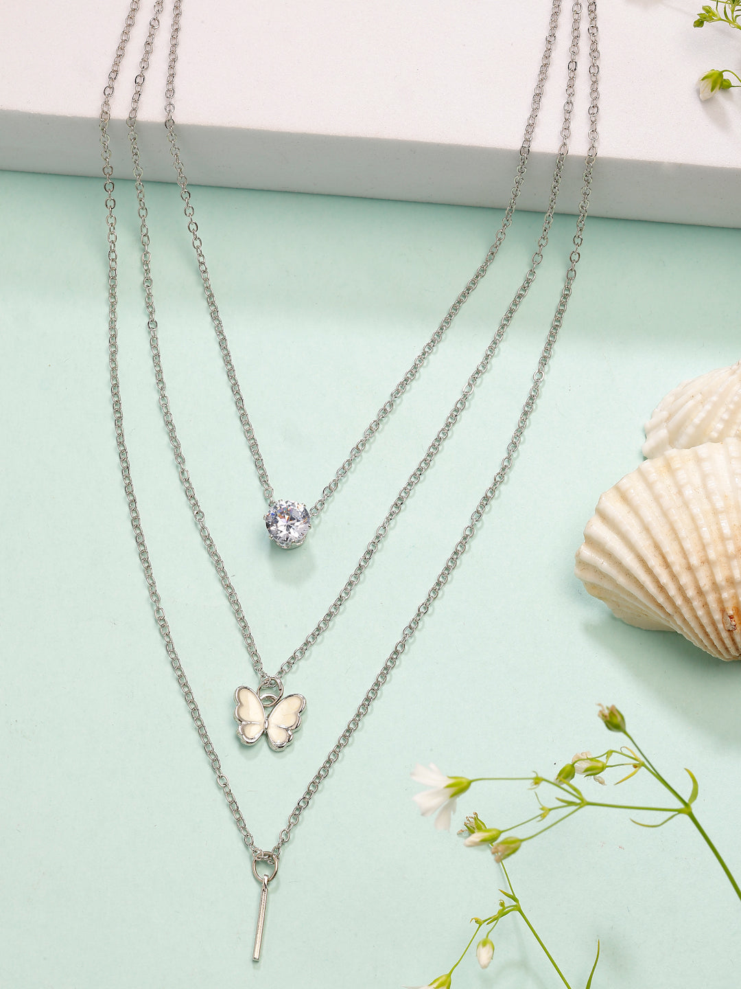 NVR Women's Silver-Toned Artificial Stones Butterfly-shaped Layered Chain 