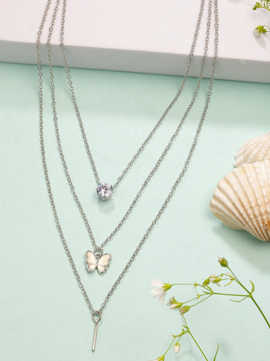 NVR Women's Silver-Toned Artificial Stones Butterfly-shaped Layered Chain 