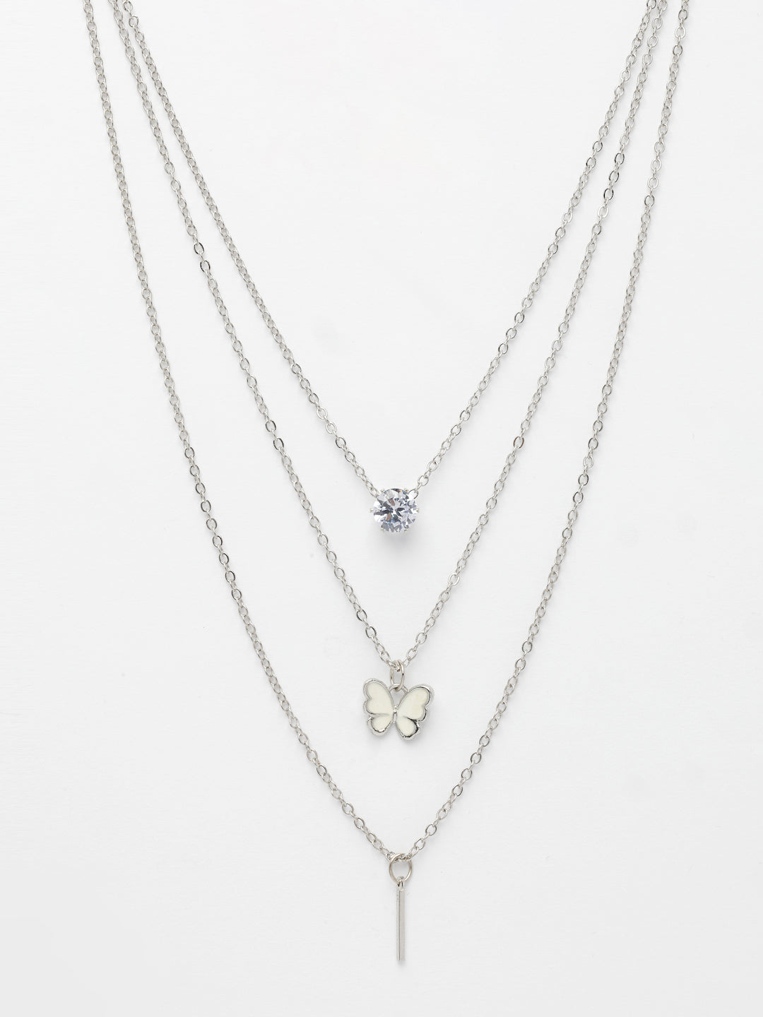 NVR Women's Silver-Toned Artificial Stones Butterfly-shaped Layered Chain 