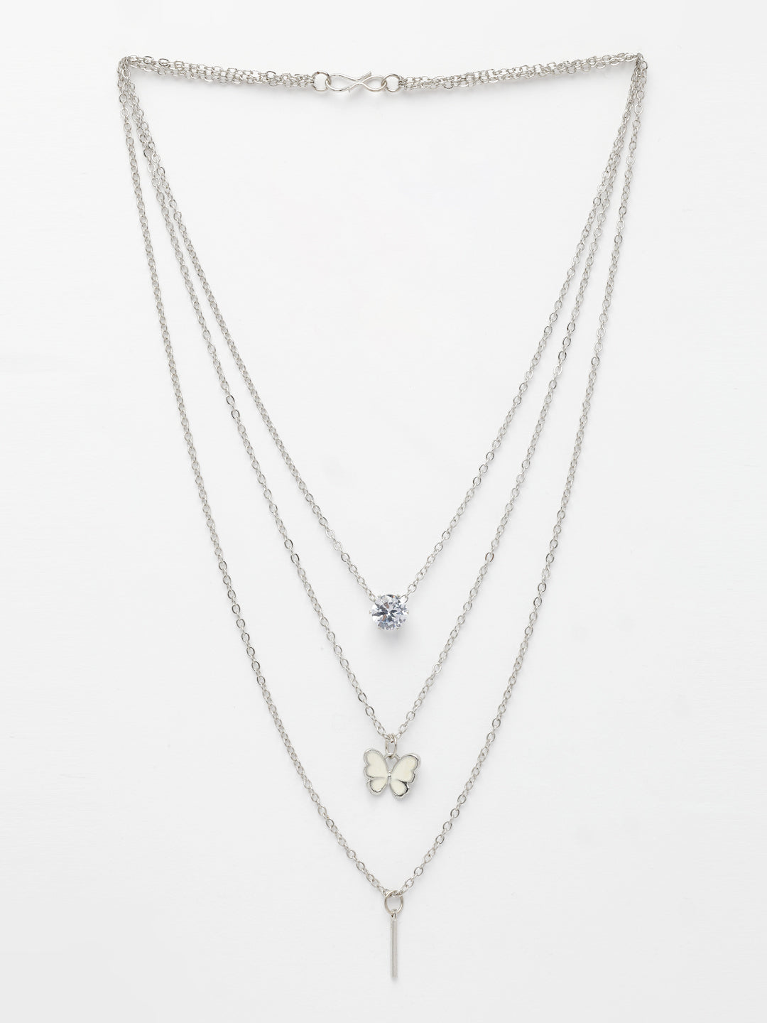 NVR Women's Silver-Toned Artificial Stones Butterfly-shaped Layered Chain 
