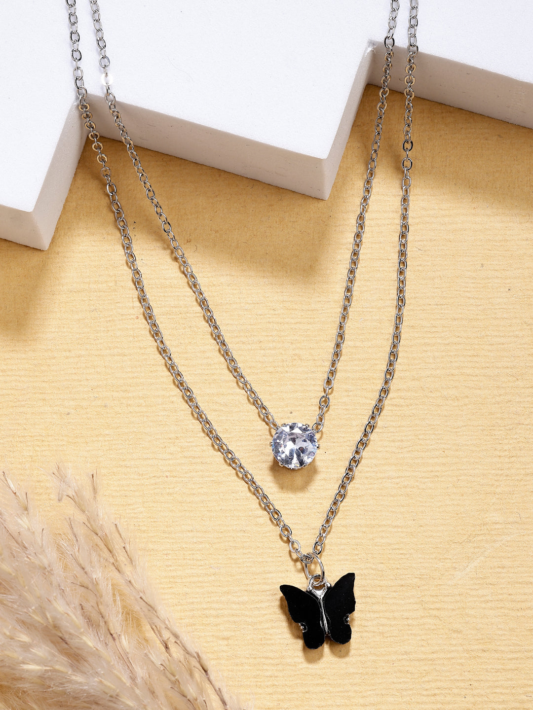 NVR Women's Silver-Toned Artificial Stones Butterfly-shaped Layered Chain 
