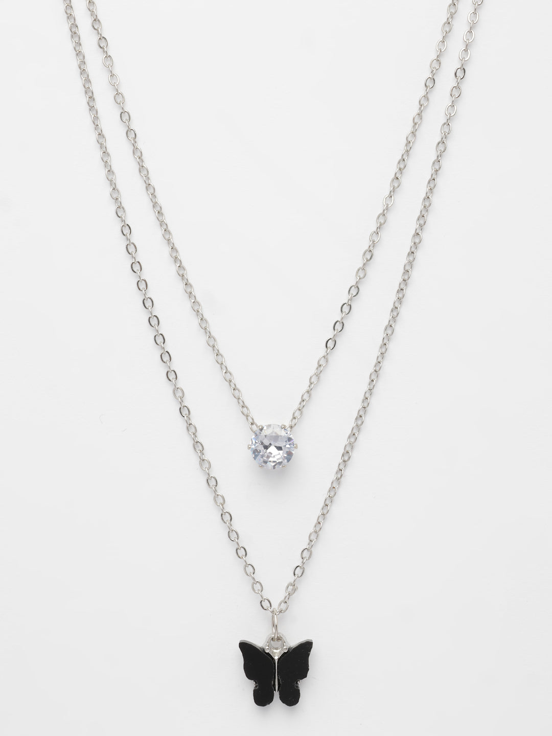NVR Women's Silver-Toned Artificial Stones Butterfly-shaped Layered Chain 