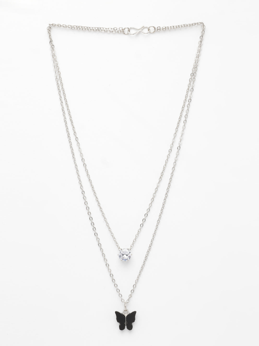 NVR Women's Silver-Toned Artificial Stones Butterfly-shaped Layered Chain 