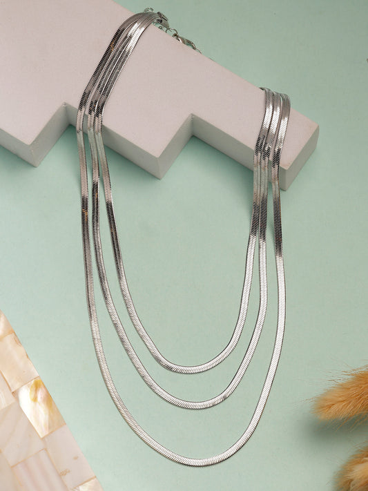 NVR Women's German Silver Plated Oxidised Minimal Layered Chain 