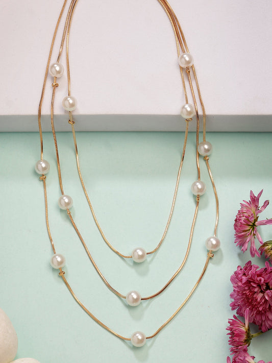 NVR Women's Gold-Polished White Pearls Party Layered Chain 