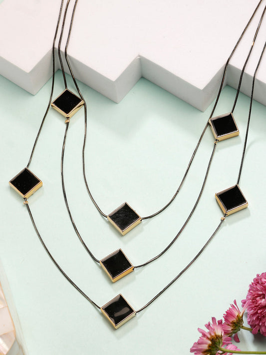 NVR Women's Black Geometric-Shaped Layered Fashion Necklace