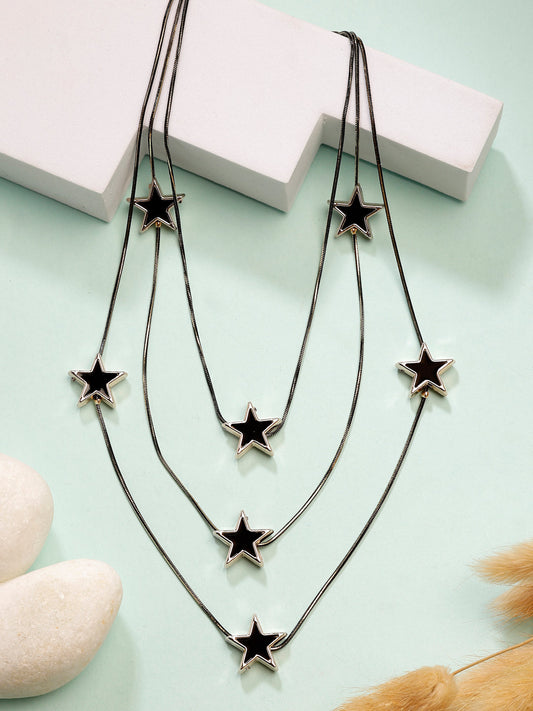 NVR Women's Black Star-Shaped Layered Fashion Necklace 