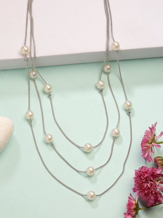 NVR Women's Silver-Plated White Pearls Party Layered Chain 
