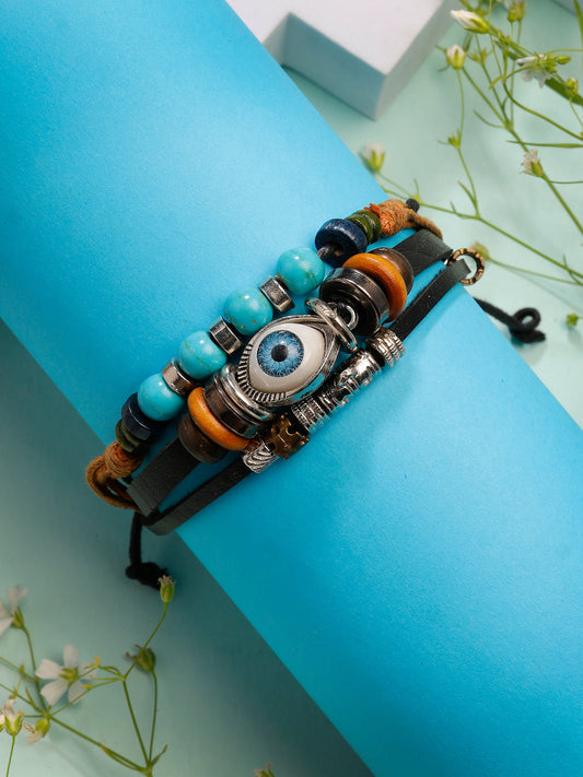 NVR Men's Evil Eye Multi-Coloured Leather Wraparound Bracelet | Grab2Buy