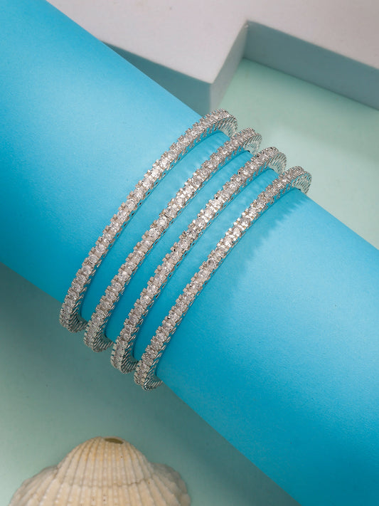 NVR Women's Set of 4 Silver-Plated Cubic Zirconia Stone Studded Bangles 