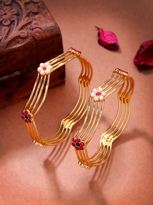NVR Women's Set of 2 Gold-Polished Artificial Stones Traditional Bangles 