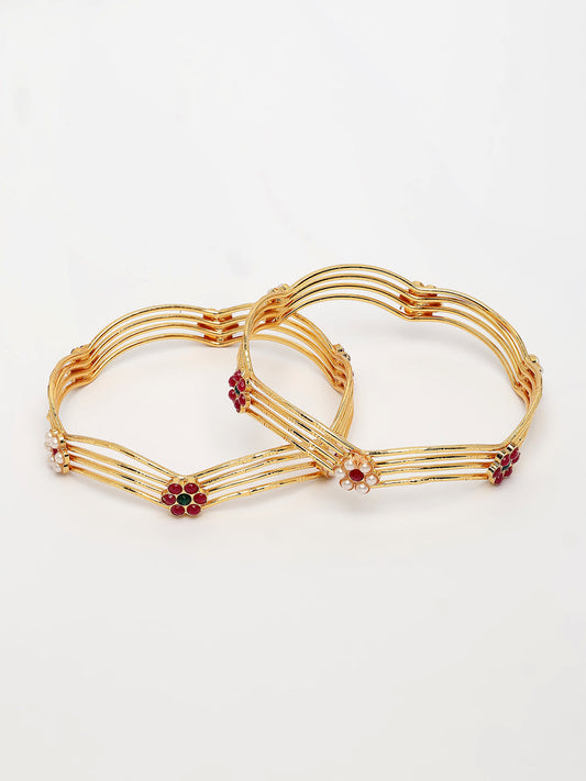 NVR Women's Set of 2 Gold-Polished Artificial Stones Traditional Bangles