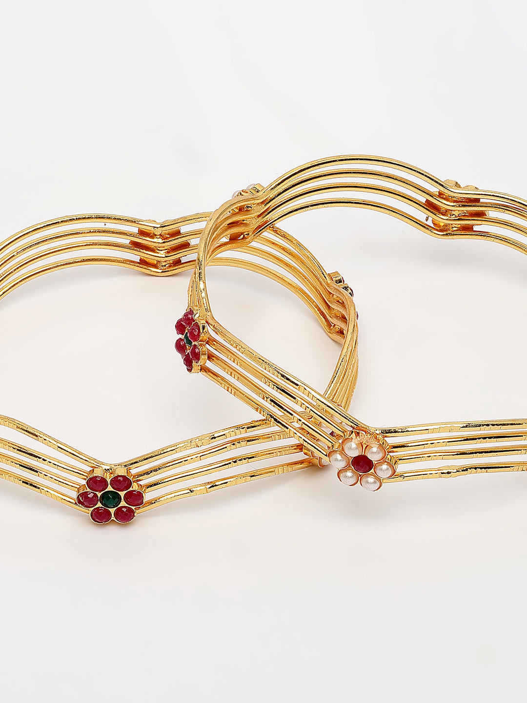 NVR Women's Set of 2 Gold-Polished Artificial Stones Traditional Bangles 