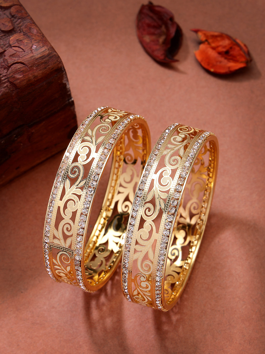 NVR Women's Set of 2 Gold-Polished Cubic Zirconia Stone Studded Kada Bangles | Grab2Buy