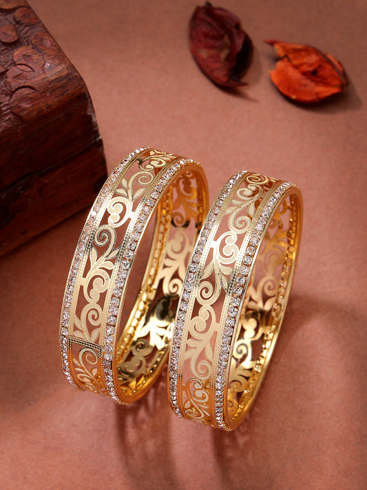 NVR Women's Set of 2 Gold-Polished Cubic Zirconia Stone Studded Kada Bangles 
