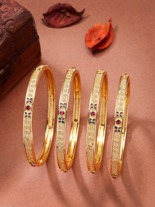 NVR Women's Set of 4 Gold-Polished Artificial Stones Traditional Bangles 