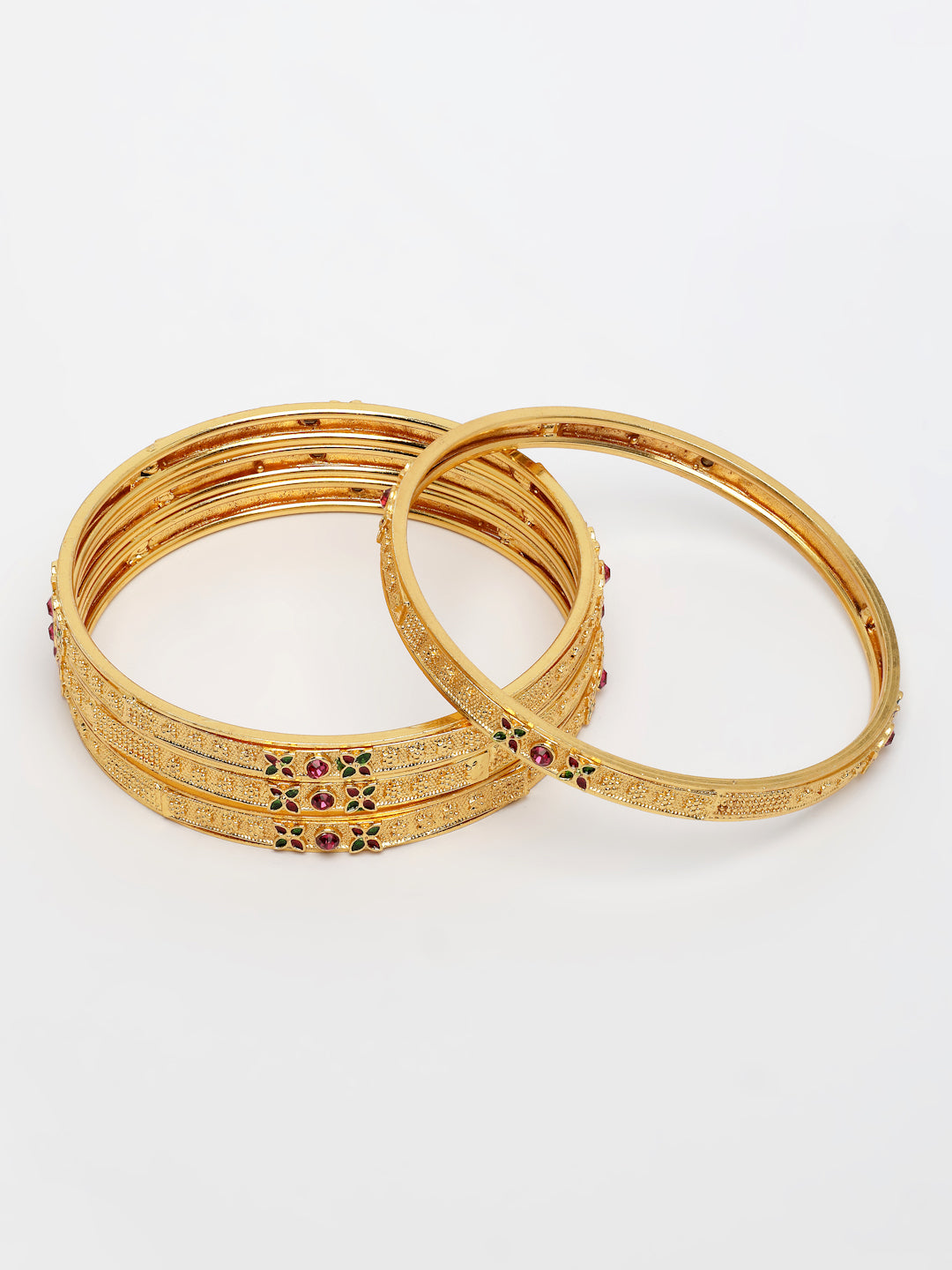 NVR Women's Set of 4 Gold-Polished Artificial Stones Traditional Bangles 