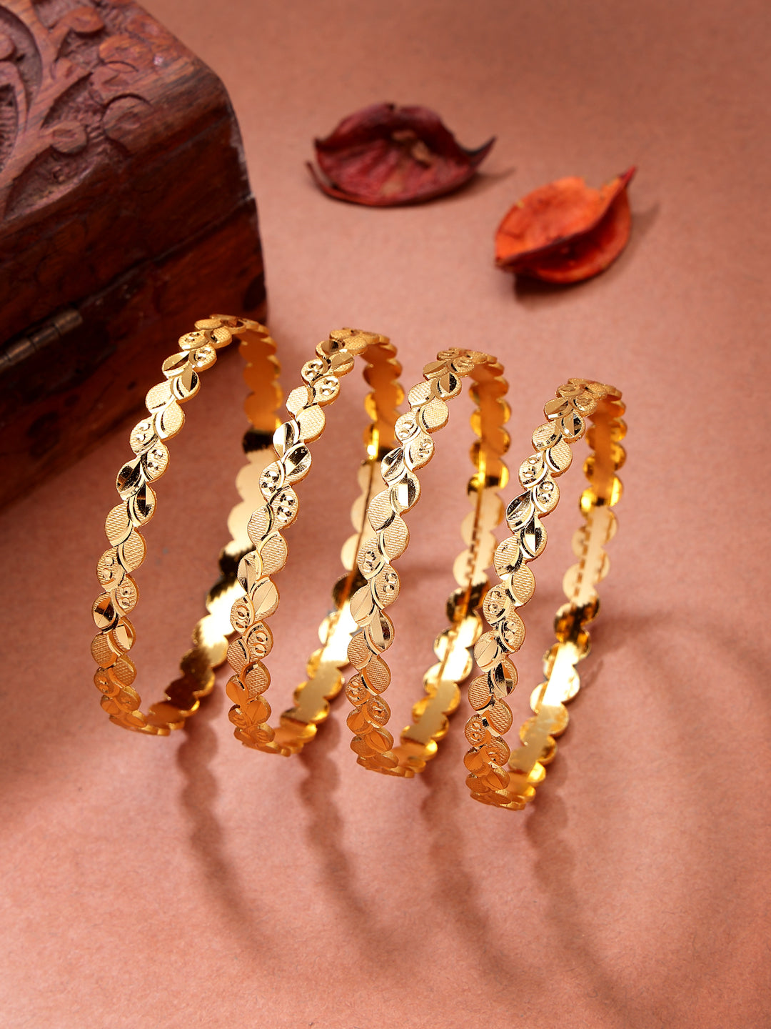 NVR Women's Set of 4 Gold-Polished Leaf Shaped Traditional Bangles | Grab2Buy