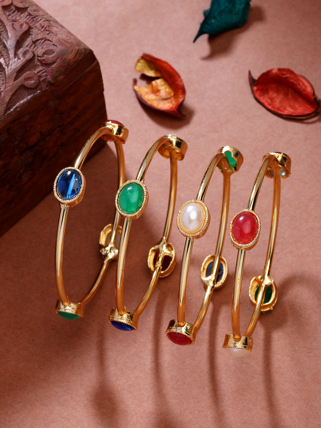 NVR Women's Set of 4 Gold-Polished Artificial Stone Studded Bangles 