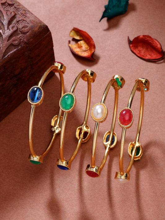 NVR Women's Set of 4 Gold-Polished Artificial Stone Studded Bangles 
