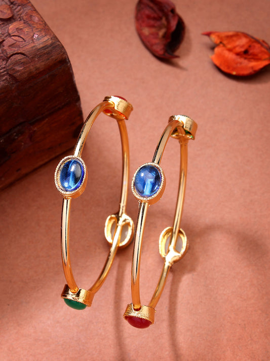 NVR Women's Set of 2 Gold-Polished Artificial Stone Studded Bangles 