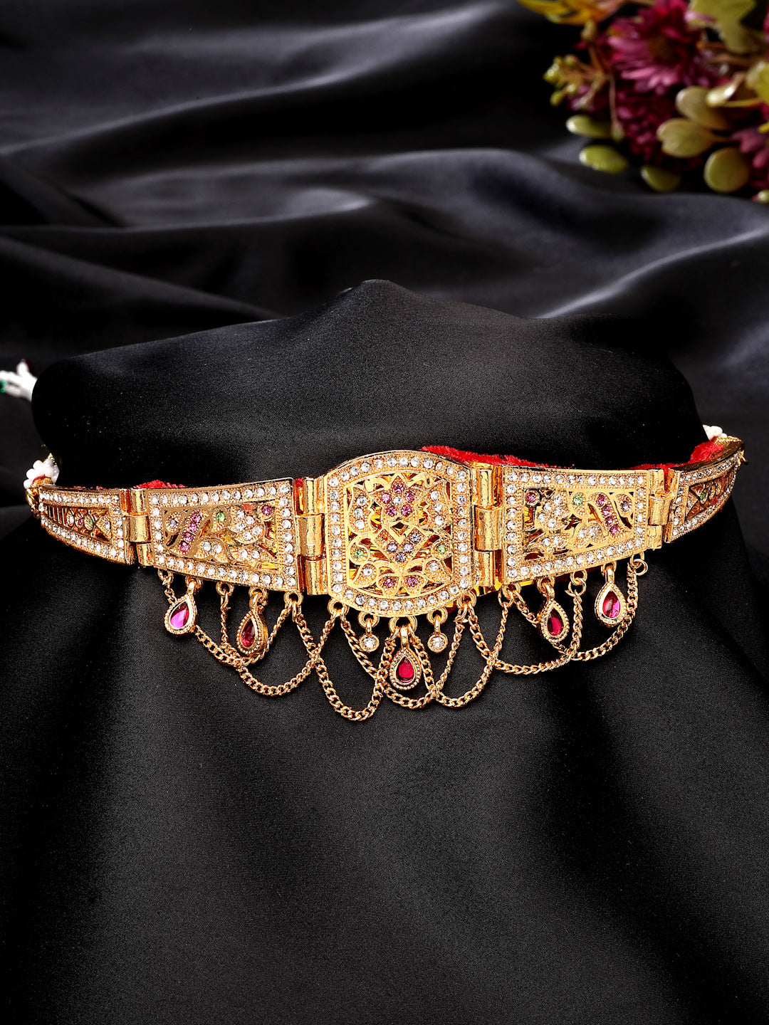 NVR Women's Gold-Polished Cubic Zirconia Stone Studded Rajputi Choker Necklace 