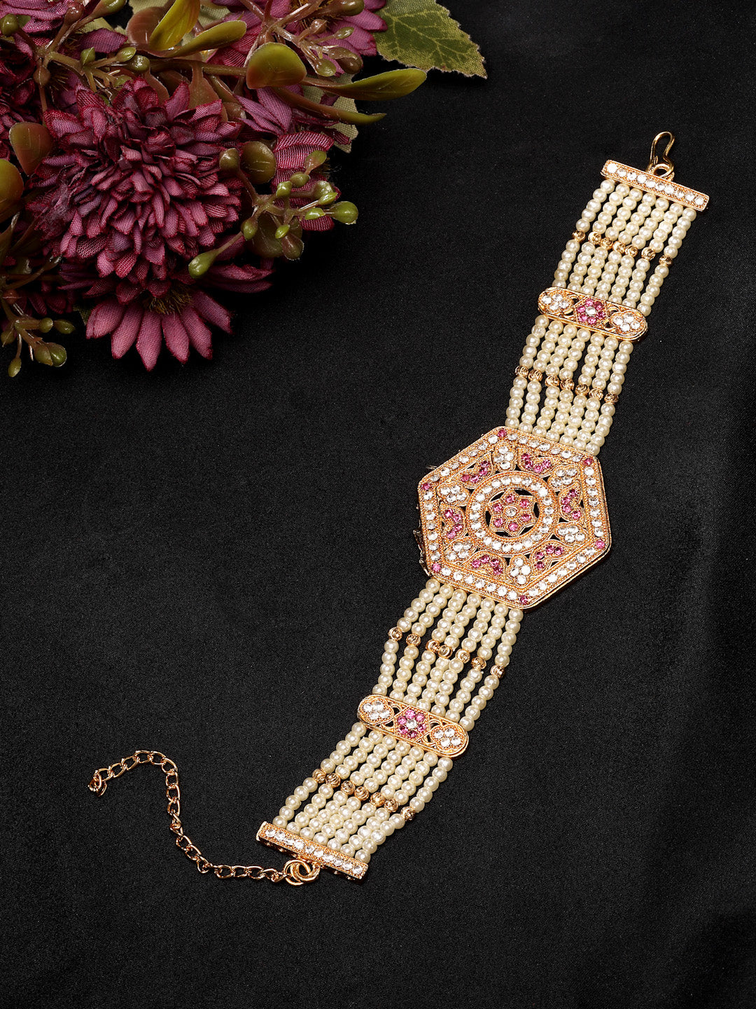 NVR Women's Gold-Polished Cubic Zirconia Stone Studded Link Bracelet | Grab2Buy