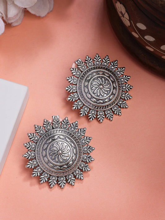NVR Women Silver Plated Oxidized Circular Shape Stud Earrings