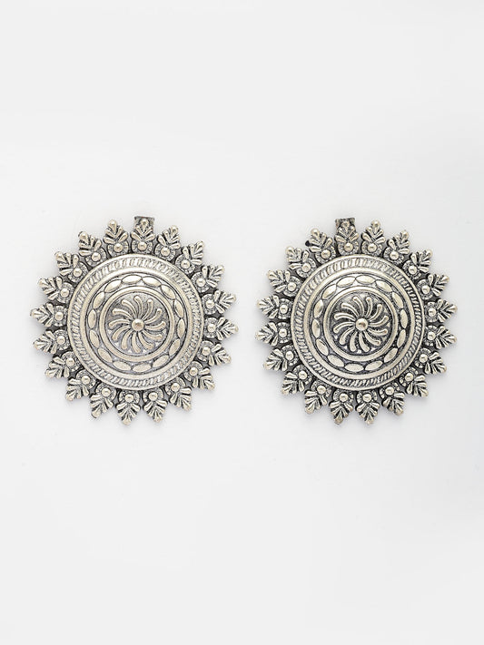 NVR Women Silver Plated Oxidized Circular Shape Stud Earrings
