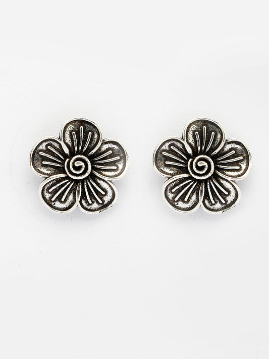 NVR Women Silver Plated Oxidized Floral Shape Stud Earrings NR Retail-NVR