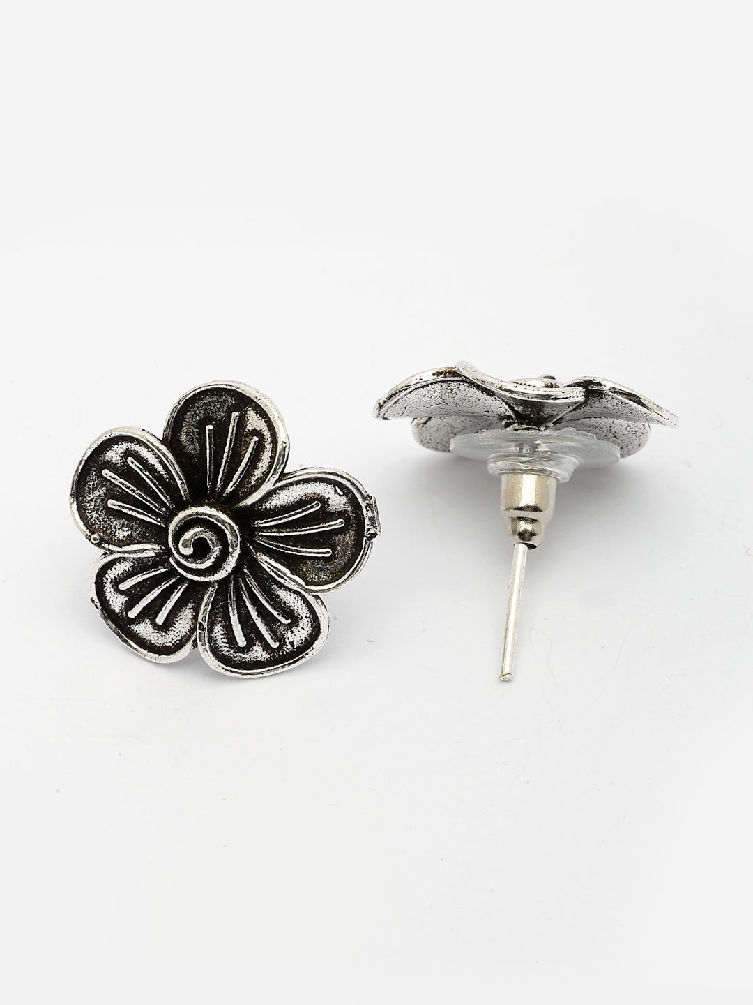NVR Women Silver Plated Oxidized Floral Shape Stud Earrings NR Retail-NVR