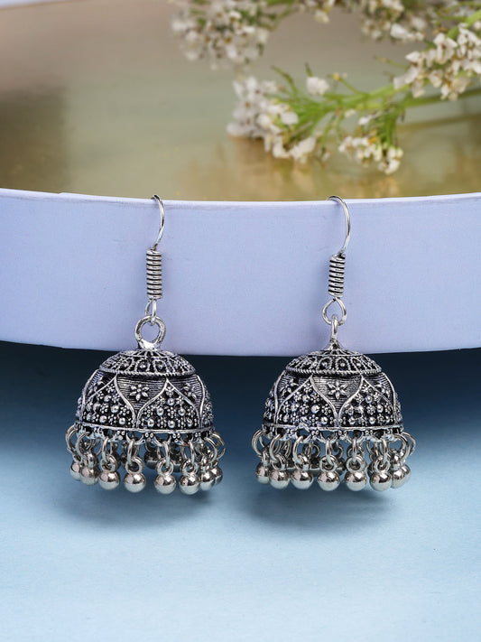 NVR Women German Silver Oxidized Floral Design Jhumka Earrings - Swadesiicart