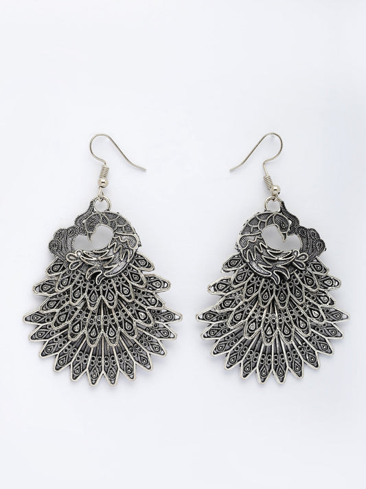 NVR Women's Silver Toned Oxidized Peacock Design Drop Earrings NR Retail-NVR