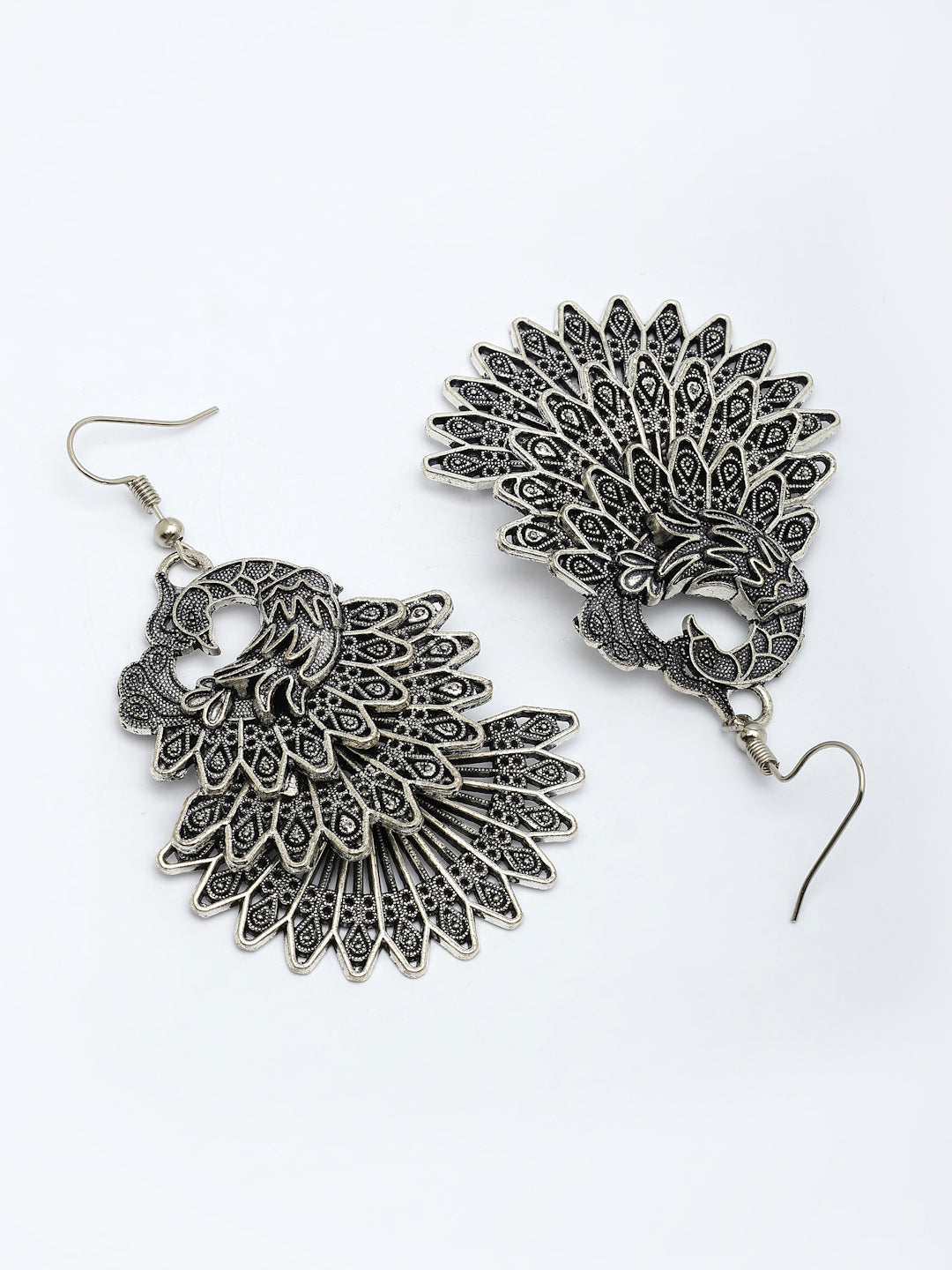 NVR Women's Silver Toned Oxidized Peacock Design Drop Earrings - Swadesiicart