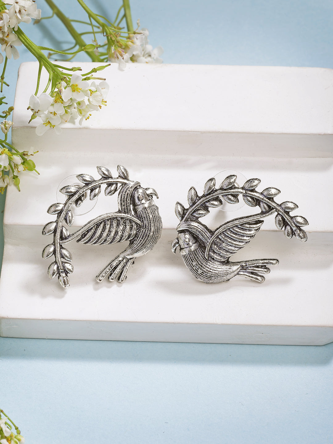 NVR Women Silver Toned Oxidized Pigeon Design Drop Earrings NR Retail-NVR