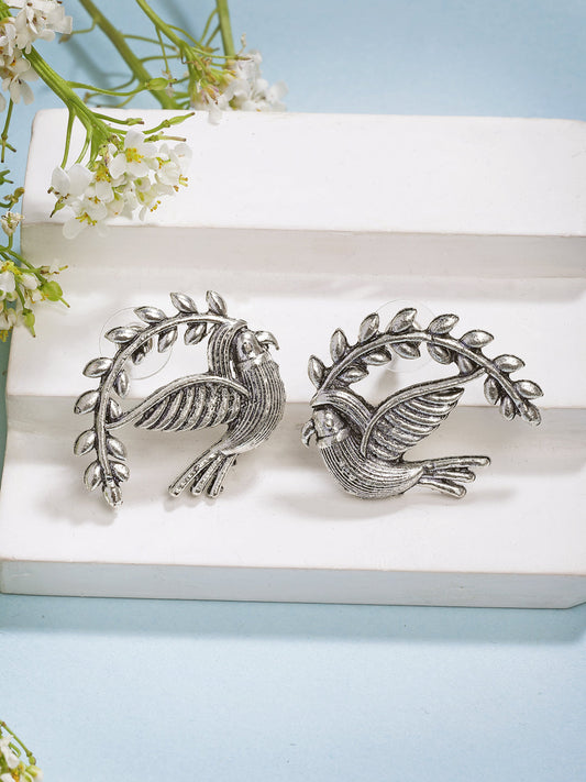 NVR Women Silver Toned Oxidized Pigeon Design Drop Earrings NR Retail-NVR
