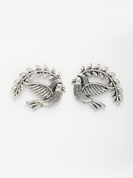 NVR Women Silver Toned Oxidized Pigeon Design Drop Earrings NR Retail-NVR