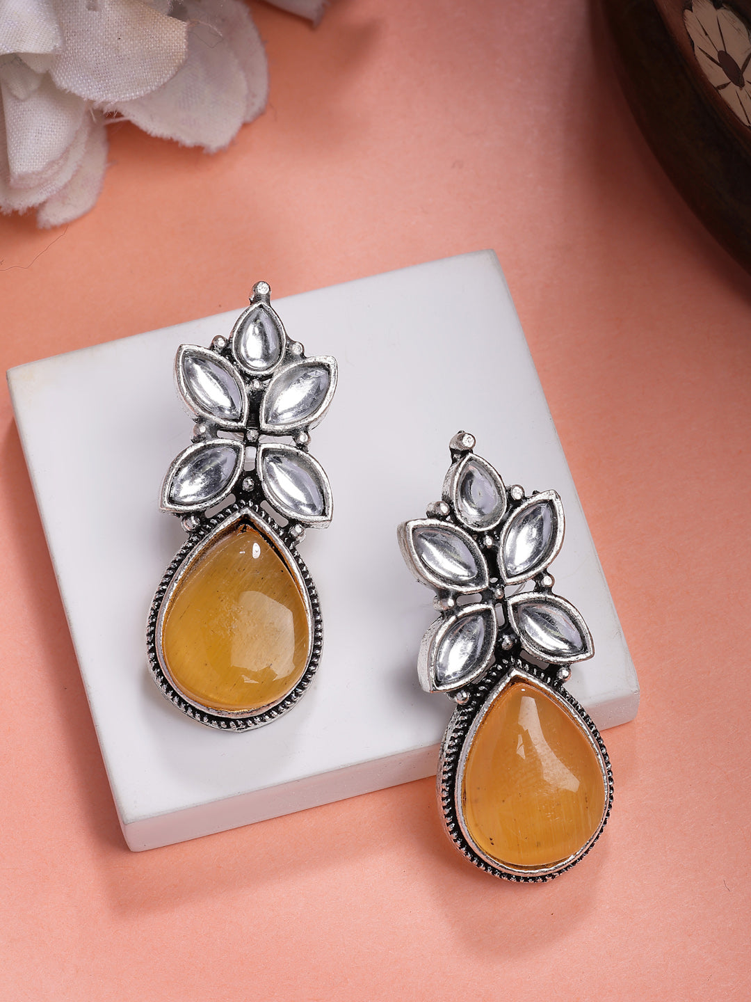 NVR Women Yellow Artificial Stones Silver Plated Drop Earrings NR Retail-NVR