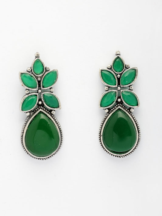 NVR Women Green Artificial Stones Silver Plated Drop Earrings NR Retail-NVR
