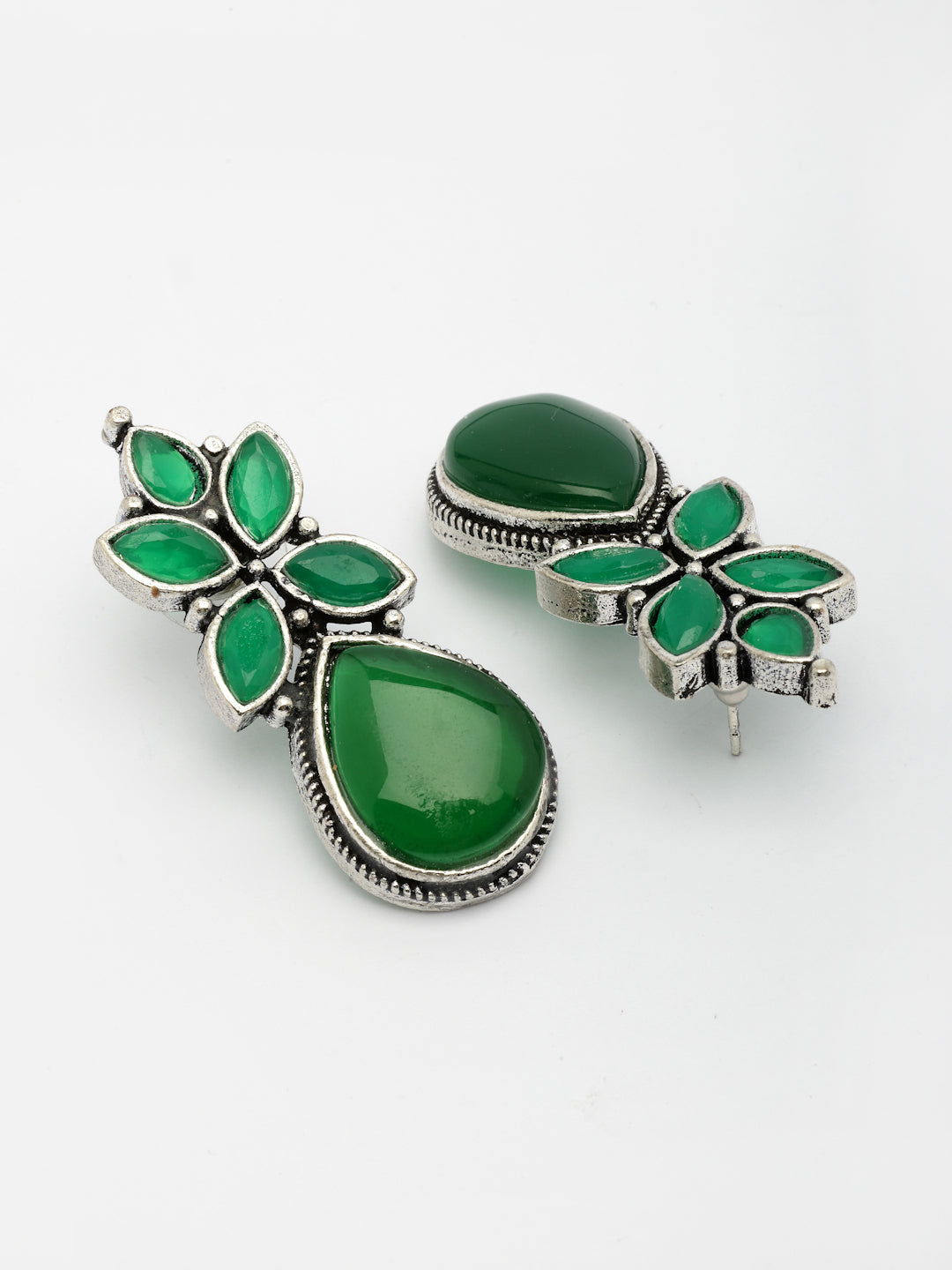 NVR Women Green Artificial Stones Silver Plated Drop Earrings NR Retail-NVR