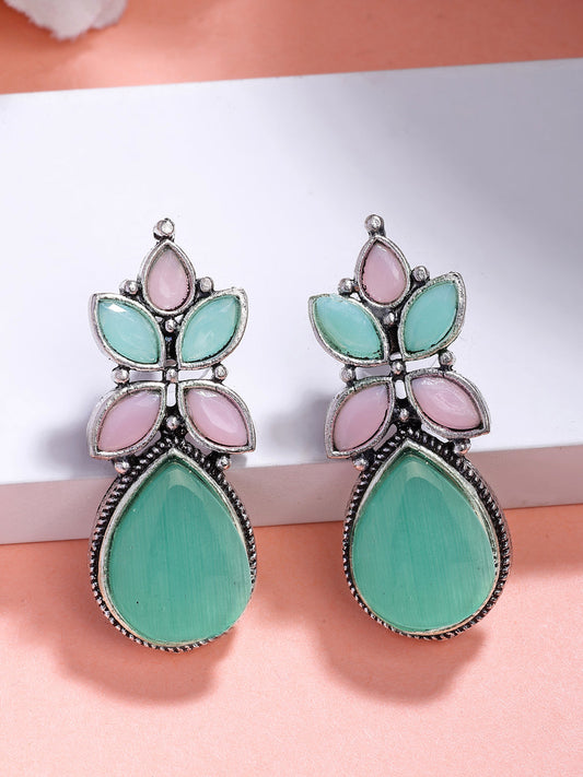 NVR Women Green & Pink Artificial Stones Silver Plated Drop Earrings NR Retail-NVR