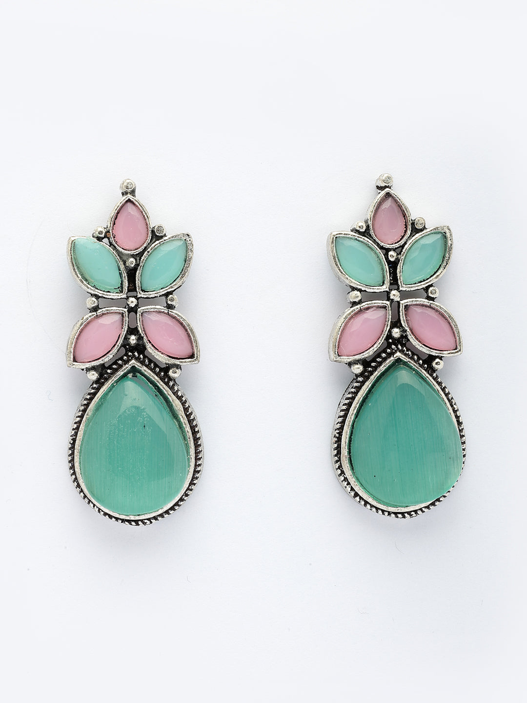NVR Women Green & Pink Artificial Stones Silver Plated Drop Earrings NR Retail-NVR