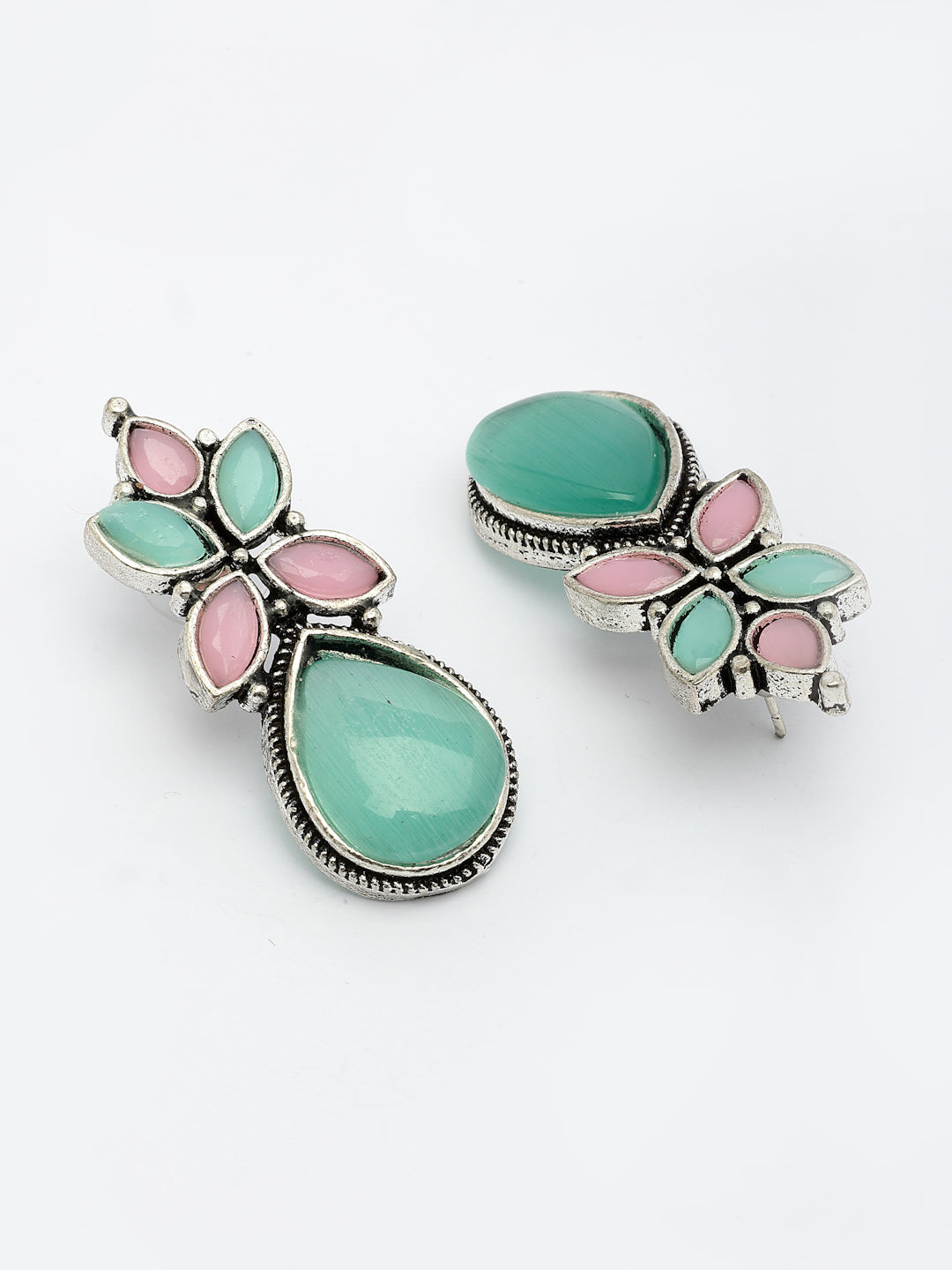 NVR Women Green & Pink Artificial Stones Silver Plated Drop Earrings NR Retail-NVR