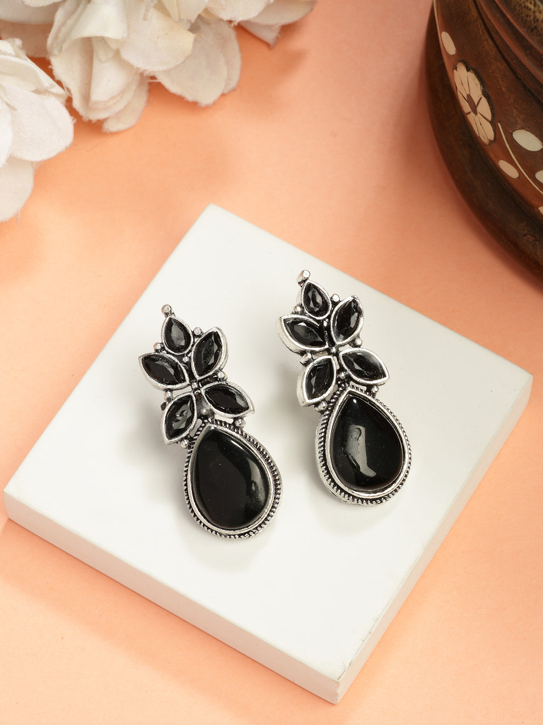 NVR Women Black Artificial Stones Silver Plated Drop Earrings NR Retail-NVR